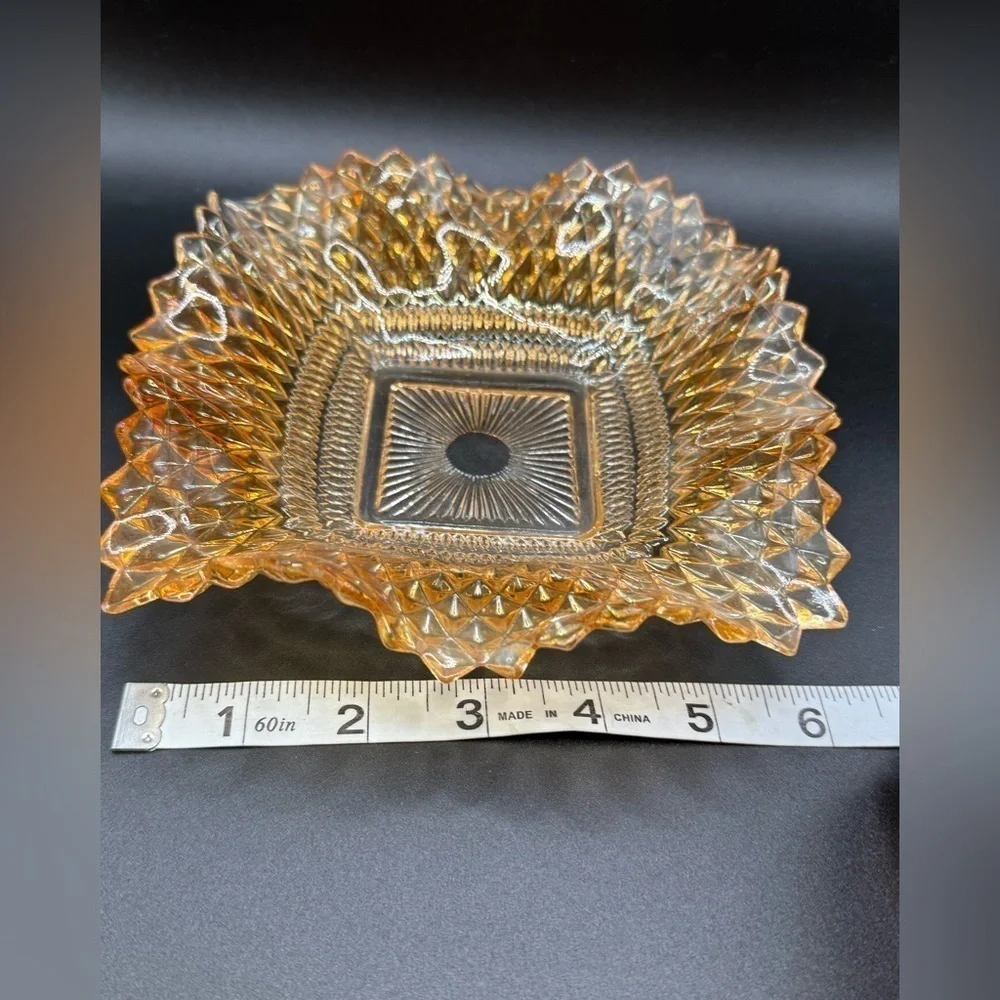 Vtg ‘60s Glass Diamond Block Ruffled Trinket Candy Nut Dish Amber Gold Ashtray